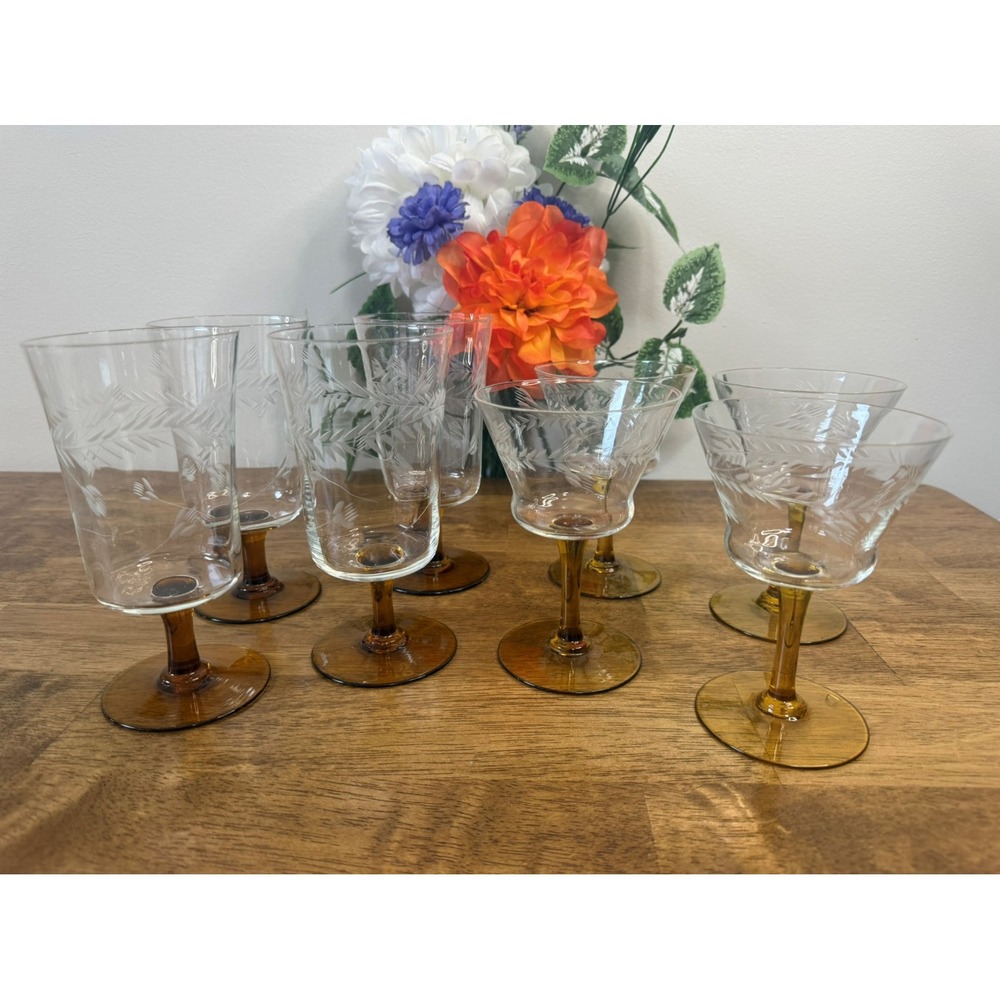 Holiday Amber Etched Wine & Cocktail Glass Set Bar Cart‎ Barware Hosting Gift